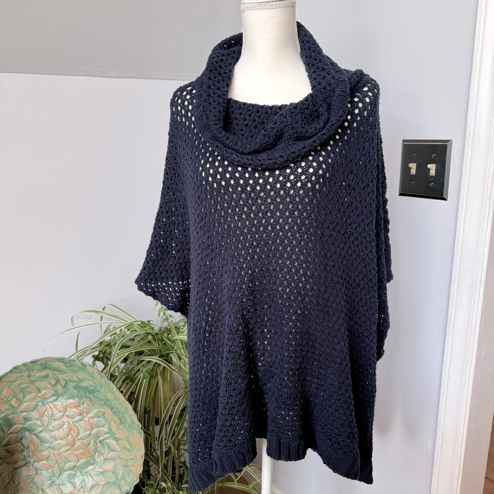 Crown‎ & Ivy Open Knit Cowl Neck Poncho Oversized One Size Fits Most Navy Blue